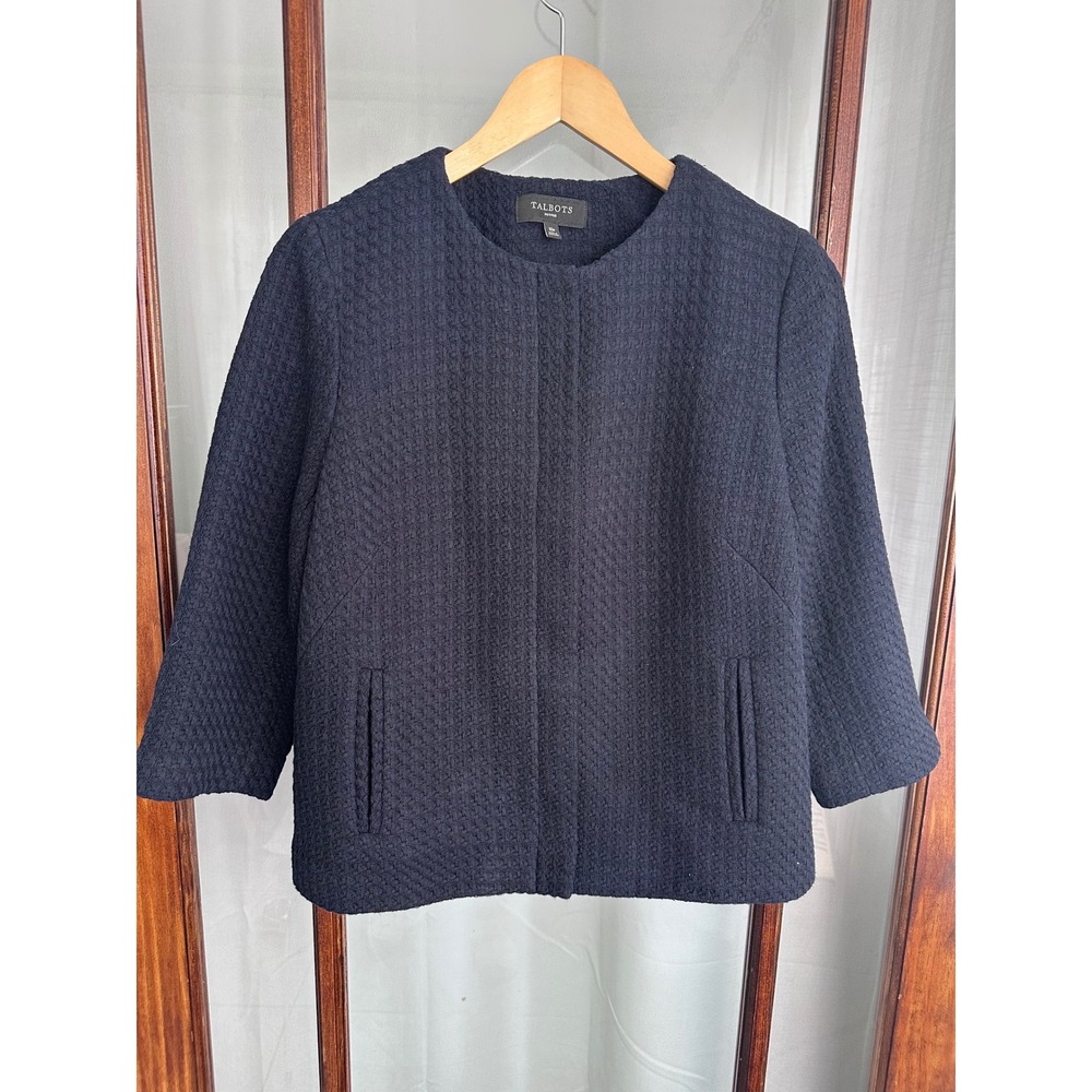 Talbots Petites Navy Blue Basketweave Cotton Jacket Size 10P Zipper Front